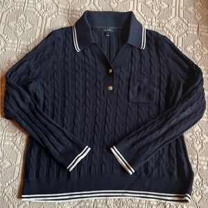 Navy Cable Knit Polo Sweater